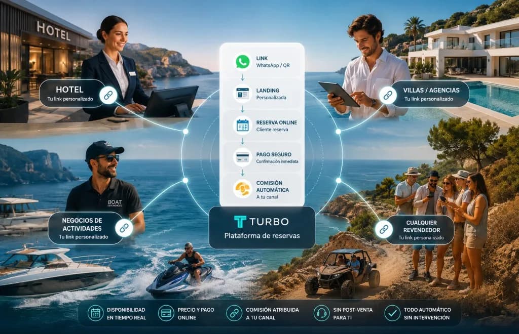Infografía del ecosistema Turbo: hoteles, villas, negocios de actividades y revendedores comparten su link; el cliente reserva online y la comisión se atribuye automáticamente al canal.